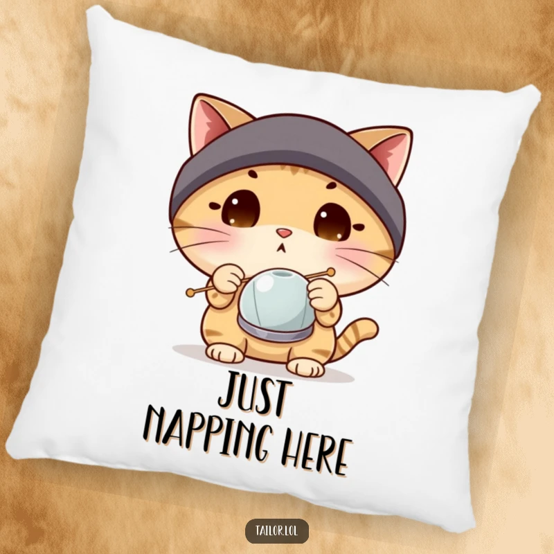 Funny surprised cat character wearing a thimble, inspecting a large sewing needle, on a soft pillow, humorous home decor.