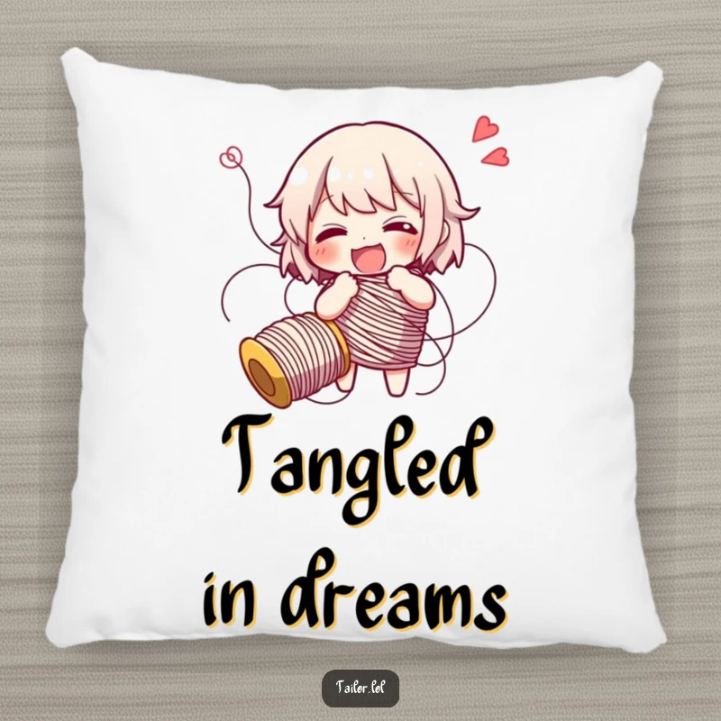 Funny character hilariously tangled in thread, giggling, a soft and humorous pillow for comfort.