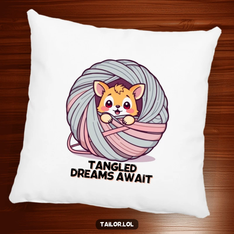 Funny animal pillow, a plush cushion depicting a surprised creature adorably tangled in a giant ball of yarn, soft and humorous.