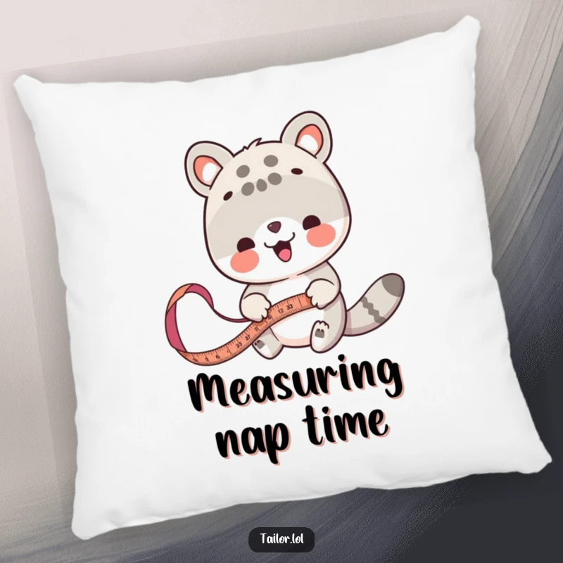 Funny animal measurer pillow, a cute animal with a tape measure working on fabric, comfortable decor.