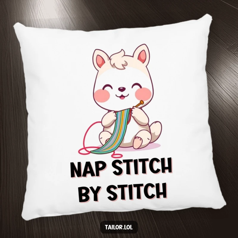 Funny sewing animal pillow with a cheerful creature using a needle, sewing a long, colorful stitch, adding comfort and humor.