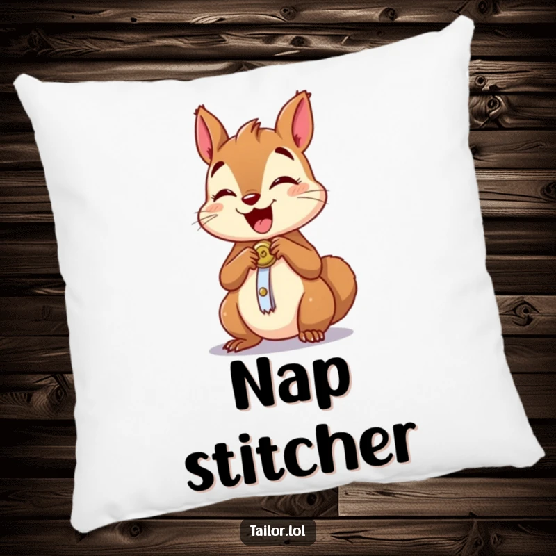 Funny pillow with an excited squirrel character industriously sewing a button, a humorous decorative item.