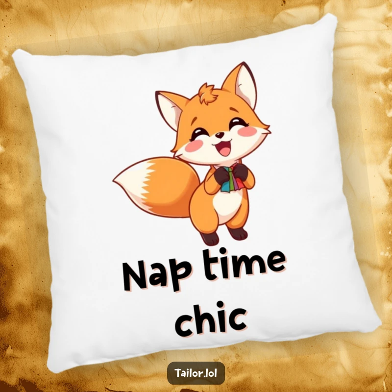 Funny pillow featuring an excited fox pinning a colorful swatch to its tail, adding a humorous touch to home decor.
