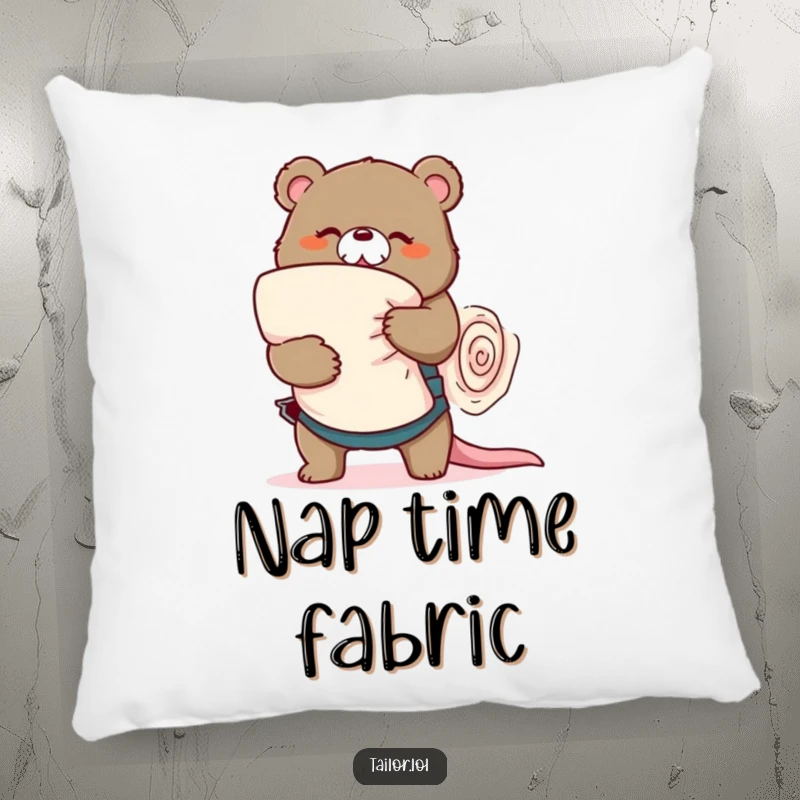 Funny playful bear tailor wrestling a large roll of fabric, decorative pillow, sewing humor, perfect funny gift.