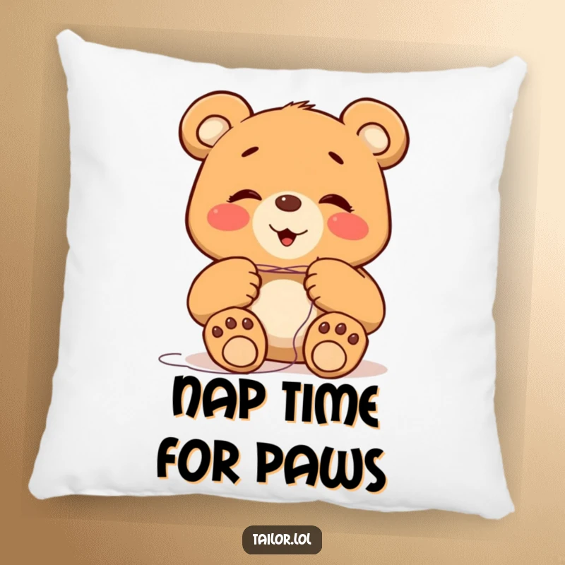Funny giggling bear character with big paws trying to thread a tiny needle, on a soft pillow, humorous home decor.