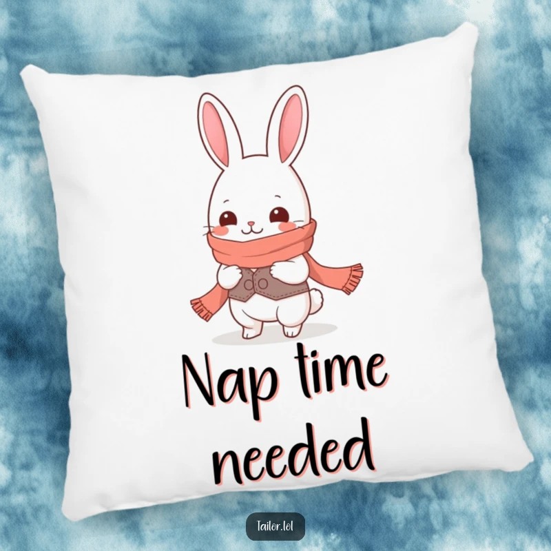 Funny giggling Kawaii rabbit tailor character measuring a ridiculously long scarf, decorative pillow, soft and funny gift.