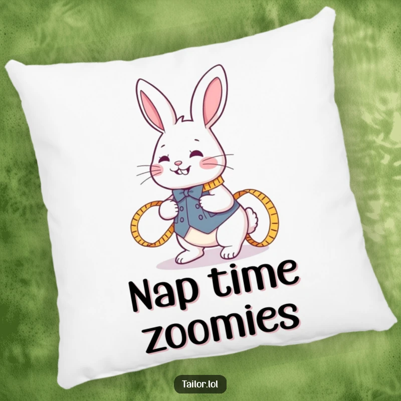 Funny joyful rabbit tailor hopping with a measuring tape on a soft pillow, adding cozy humor and craft-themed decor.