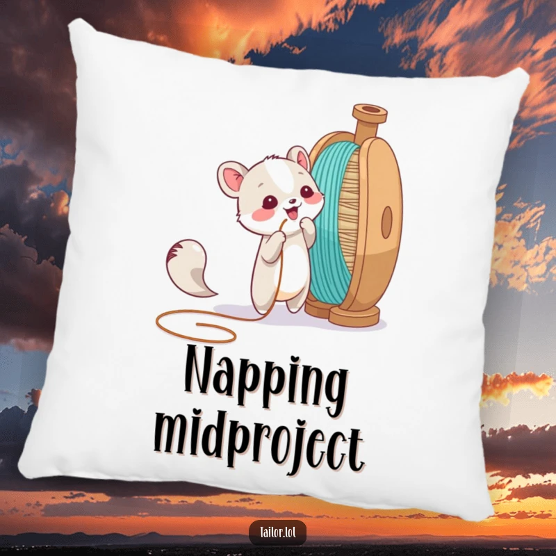 Funny pillow featuring an animal character playfully pulling a thread from a giant spool, soft and humorous home decor.