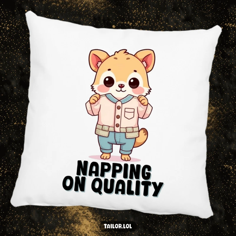 Funny pillow with an animal proudly holding a ridiculously small, perfectly sewn garment, a cute and humorous accent piece.