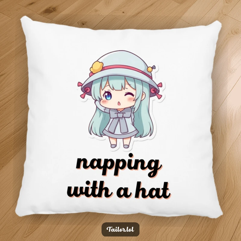 Funny pillow featuring a character playfully trying on a hat decorated with sewing bobbins, perfect for adding comfort to a creative space.