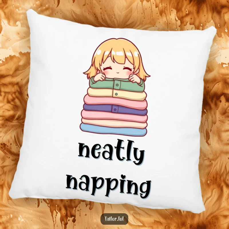 Funny pillow featuring a proud character adjusting a neat pile of folded garments, perfect for adding comfort to a tidy room.