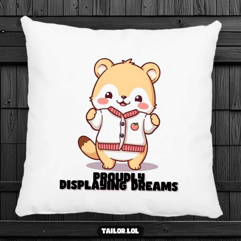 Funny Proud Crafter Pillow: A cute animal character proudly displaying a finished tiny garment. Soft, plush, and inspiringly proud.