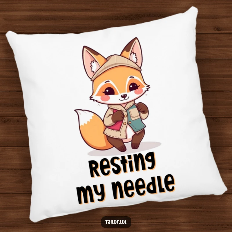 Funny Kawaii fox tailor character sewing a quirky, mismatched patch on a decorative pillow, soft and funny gift.