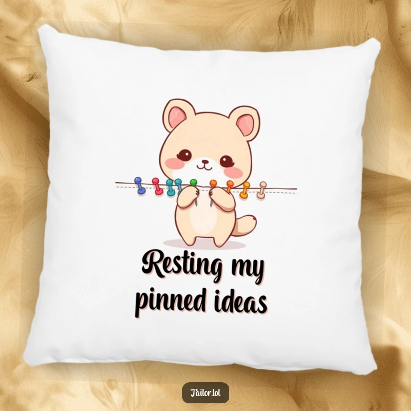 Funny Pinning Animal Pillow: A cute animal character happily pinning fabric with colorful pins. Soft, plush, and inspiringly organized.