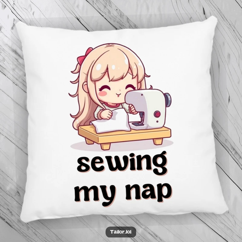 Funny pillow featuring a determined character happily operating a sewing machine, perfect for adding comfort to a craft room.