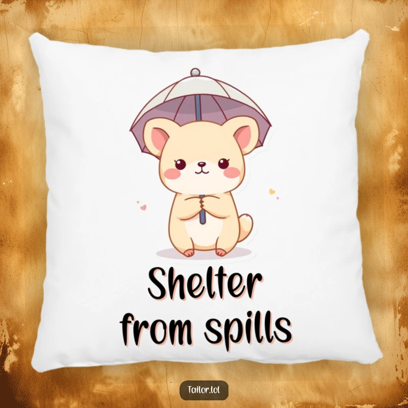 Funny pillow featuring a cute animal character taking shelter under a thimble used as a tiny umbrella, offering comfort and humor.
