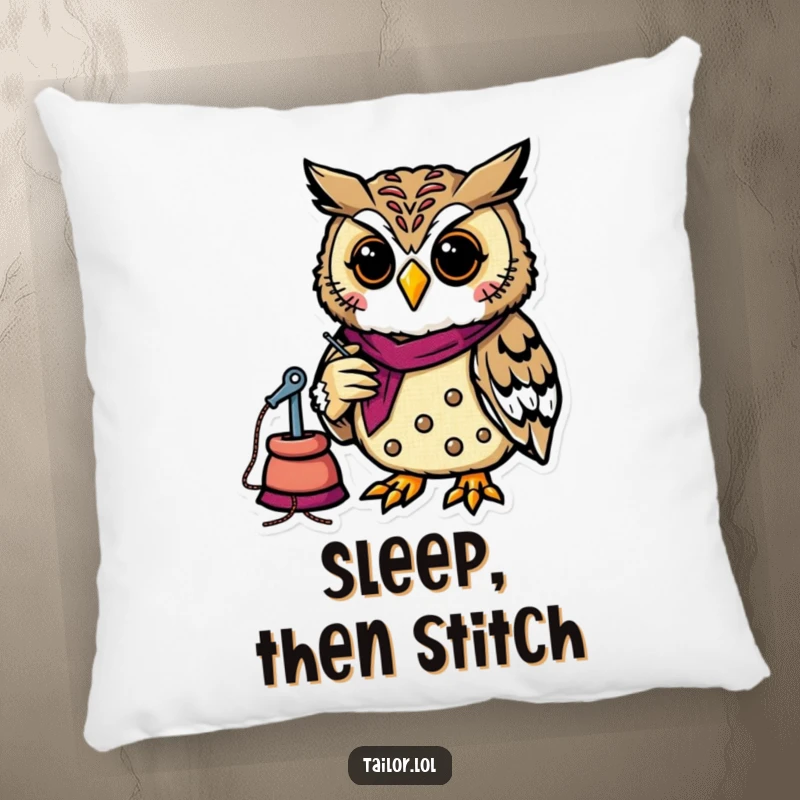 Funny owl tailor sewing on a soft pillow, adding a touch of cozy humor and craft-themed decor to any room.