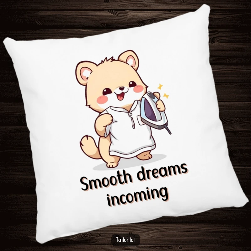 Funny pillow featuring a cute animal character happily ironing a wrinkled shirt, offering cozy comfort and humorous tidiness.