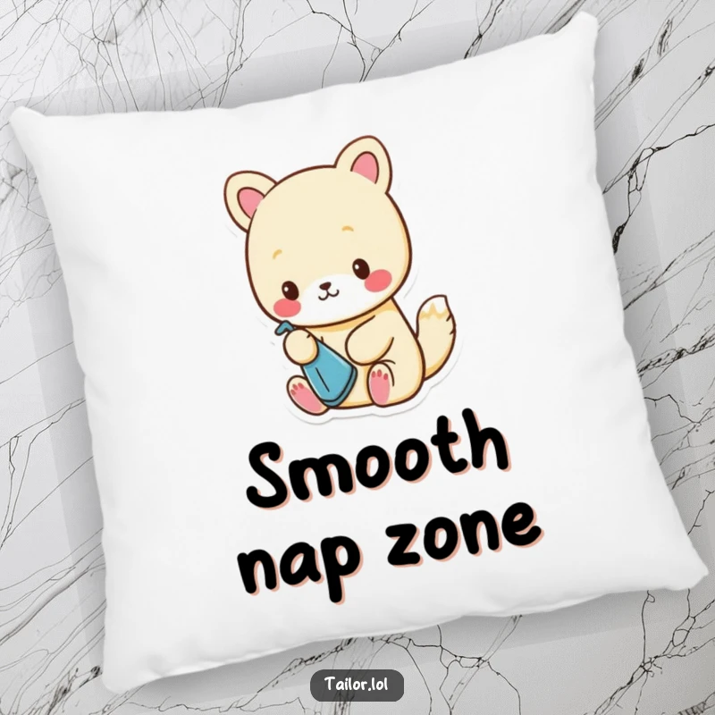 Funny Pillow: A cute, fluffy animal character carefully ironing a miniature piece of fabric, looking content and precise.