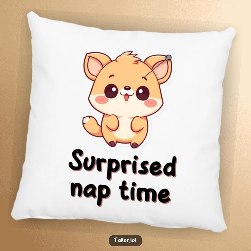 Funny cute animal character looking surprised by a sewing needle and thread, depicted on a soft pillow for humorous relaxation.