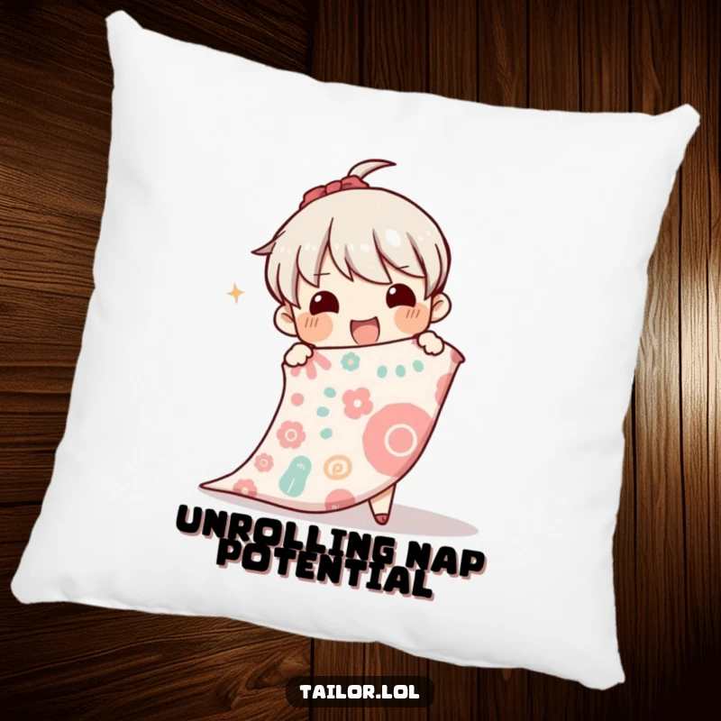 Funny pillow featuring a character happily unrolling a bolt of patterned cloth, perfect for adding comfort to a sewing room.