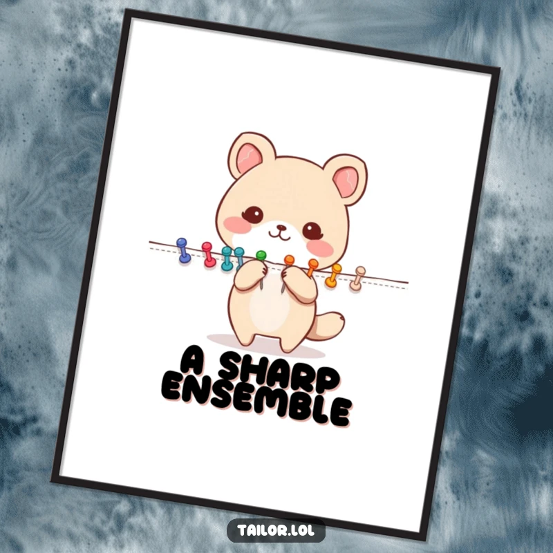 Funny Pinning Animal Digital Art Print: A cute animal character happily pinning fabric with colorful pins. Great for digital displays or printing.
