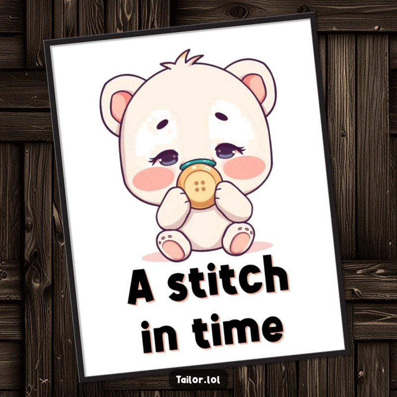 Funny character comically sewing a button onto their own nose, a humorous digital art print.