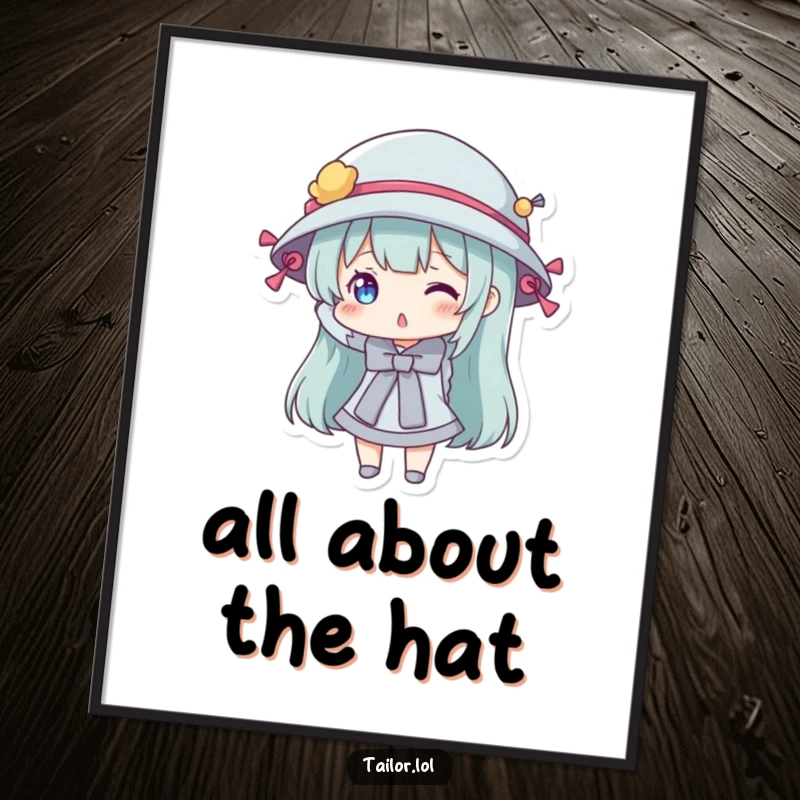 Funny digital art print of a character playfully trying on a hat adorned with sewing bobbins, celebrating quirky fashion.