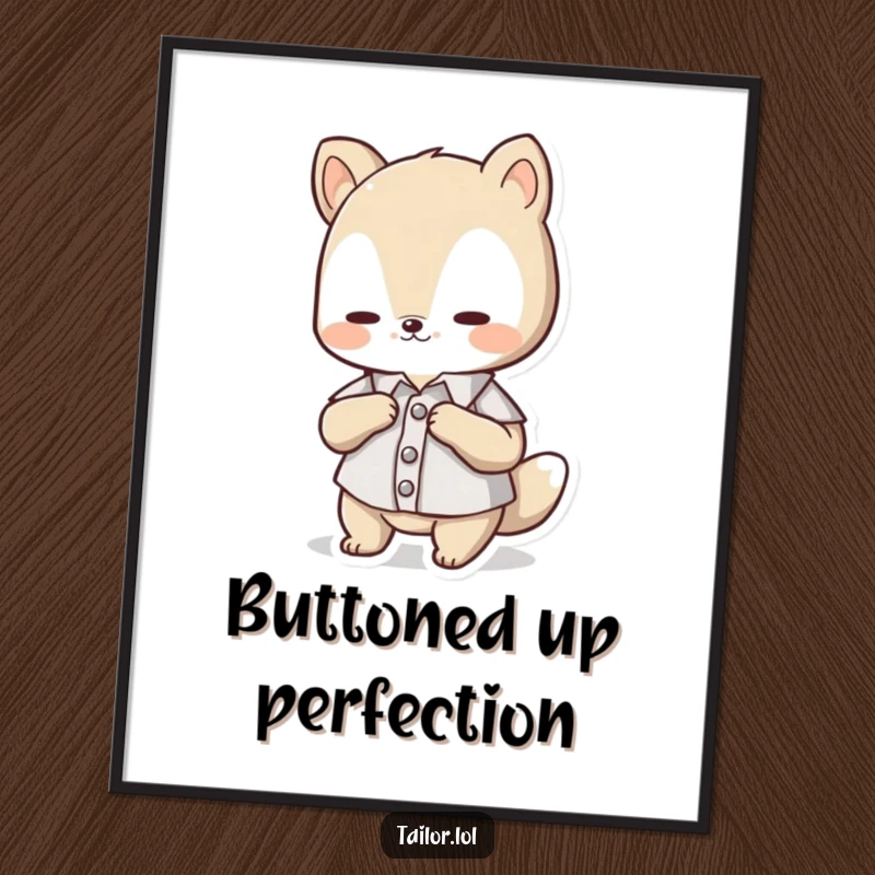 Funny Digital Art Print: A cute animal character focused on adjusting a minuscule button on a tiny shirt, a humorous scene.