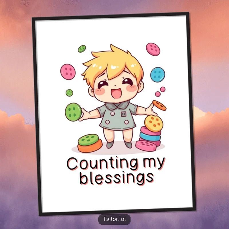 Funny character comically juggling a pile of colorful buttons with surprising agility, a humorous digital art print.