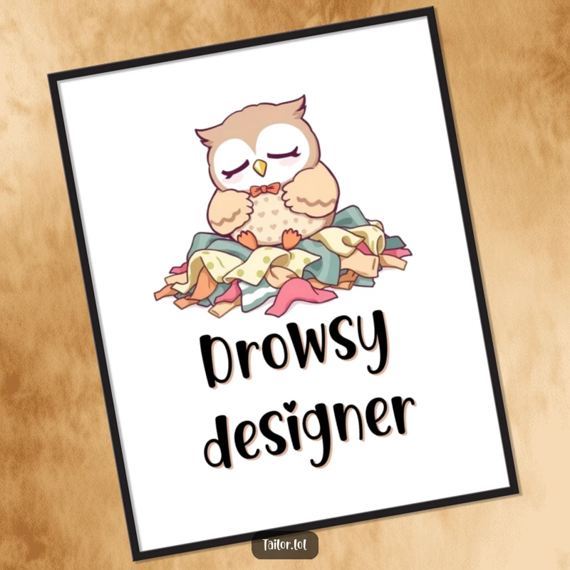 Funny Digital Art: A sleepy Kawaii owl tailor character rests peacefully on fabric scraps, capturing a moment of serene crafting humor.