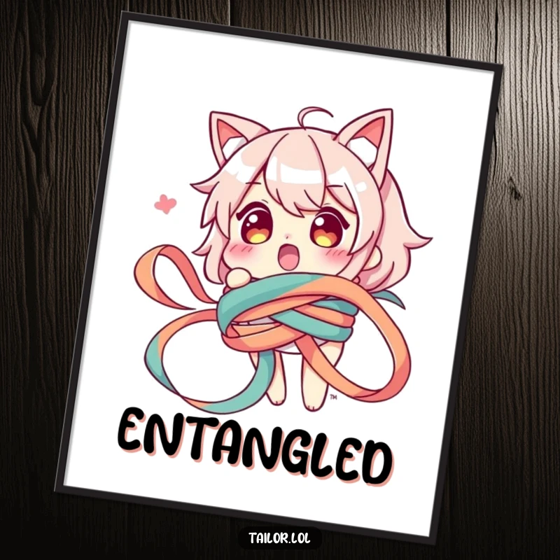 Funny digital art print of a surprised character hilariously tangled in a long ribbon, perfect for adding humorous wall decor.