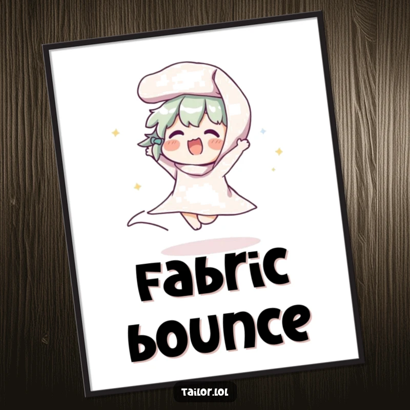 Funny digital art print of a character joyfully bouncing a roll of fabric, perfect for adding humorous craft room decor.