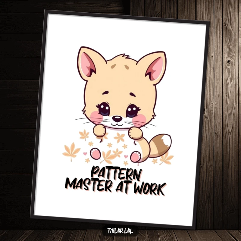 Funny digital art print of a cute animal character with intense focus, examining a pattern, exuding adorable concentration and humor.