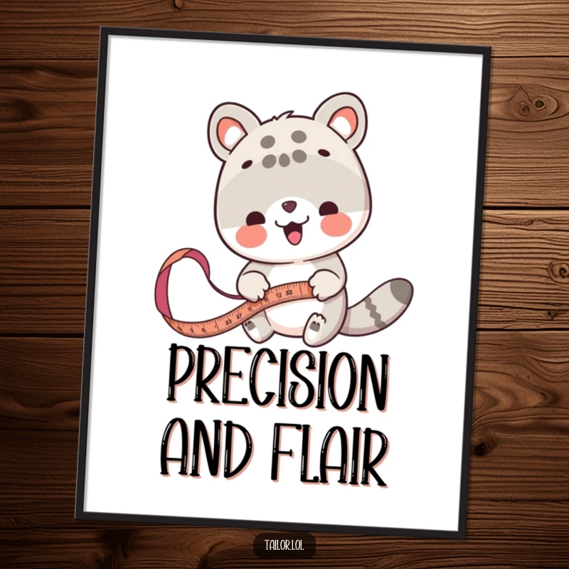 Funny animal measurer digital art print, a cute animal character meticulously measuring fabric with a tape measure.