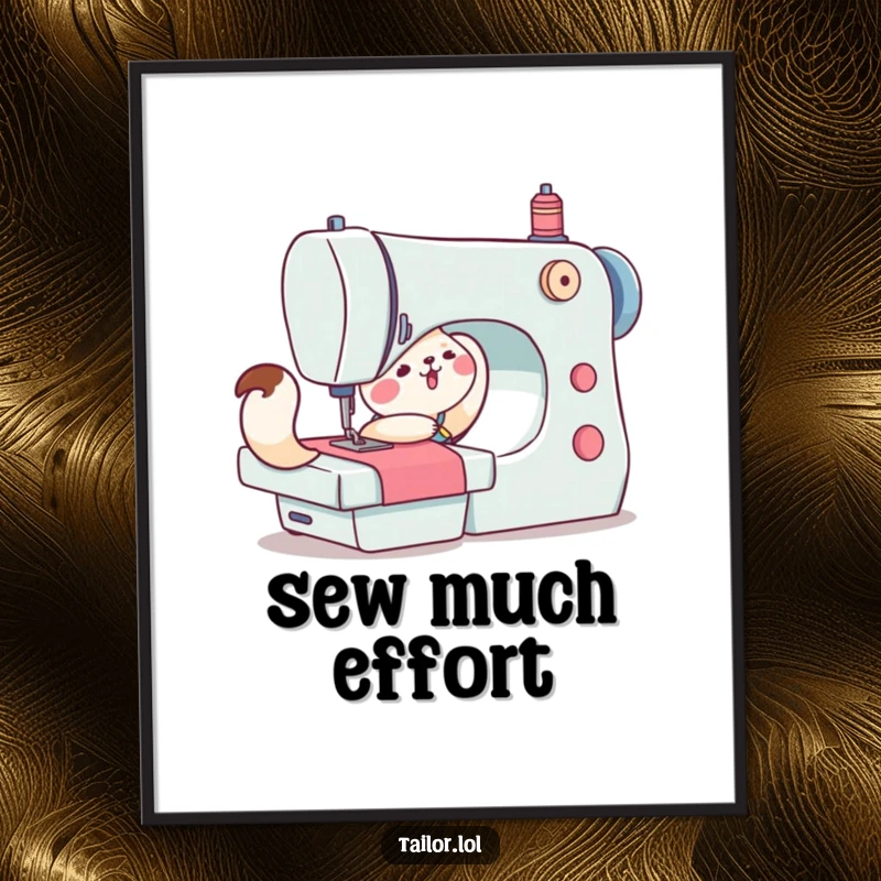 Funny digital art print of a cute animal character struggling to push a large sewing machine, exuding humorous determination and crafty spirit.