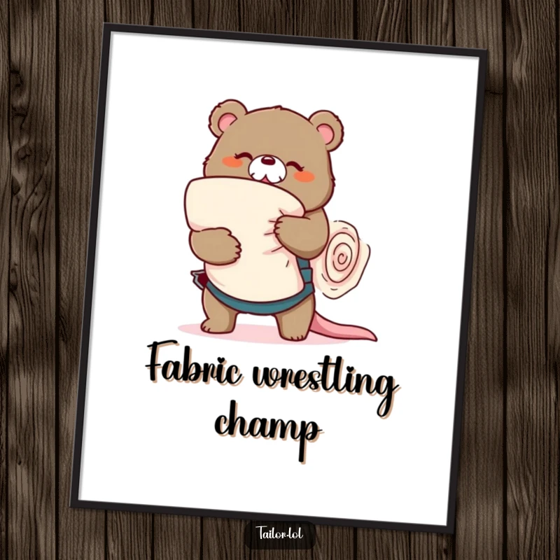 Funny playful bear tailor wrestling a large roll of fabric, printable digital art, sewing humor, perfect funny gift.