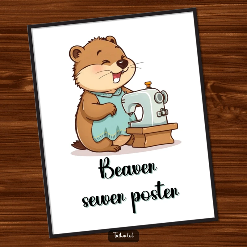 Funny enthusiastic beaver tailor sewing on a small machine, as a digital art print for humorous and inspiring decor.