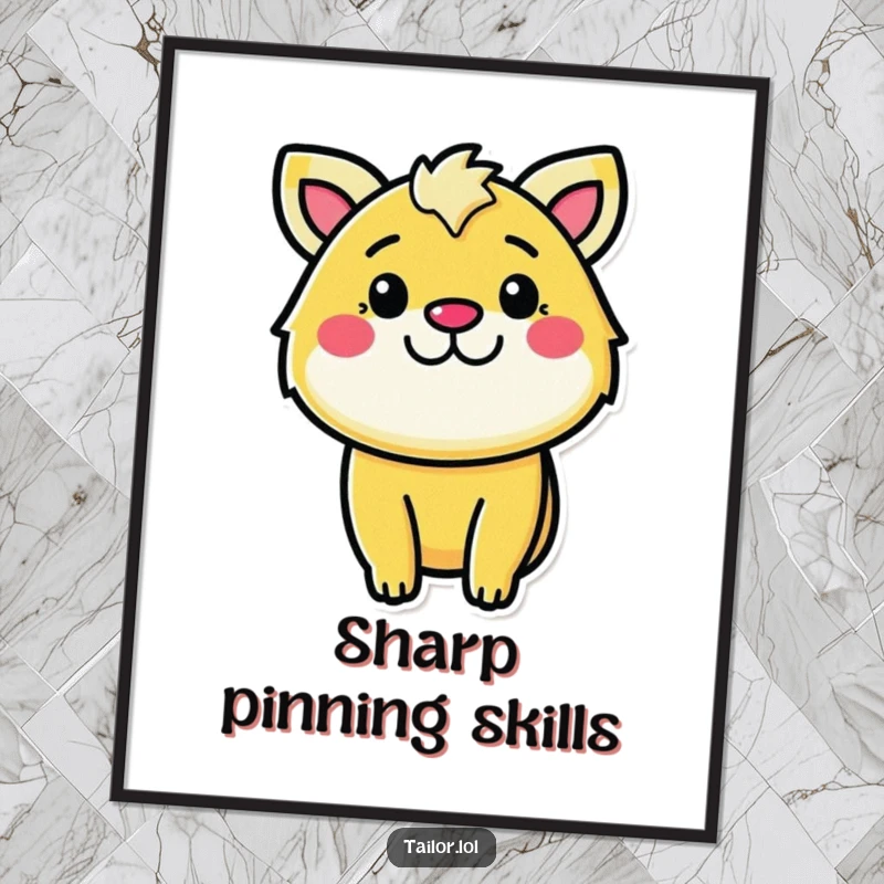 Funny determined sewer digital art print, a cheerful animal character pinning fabric with a determined yet happy grin.