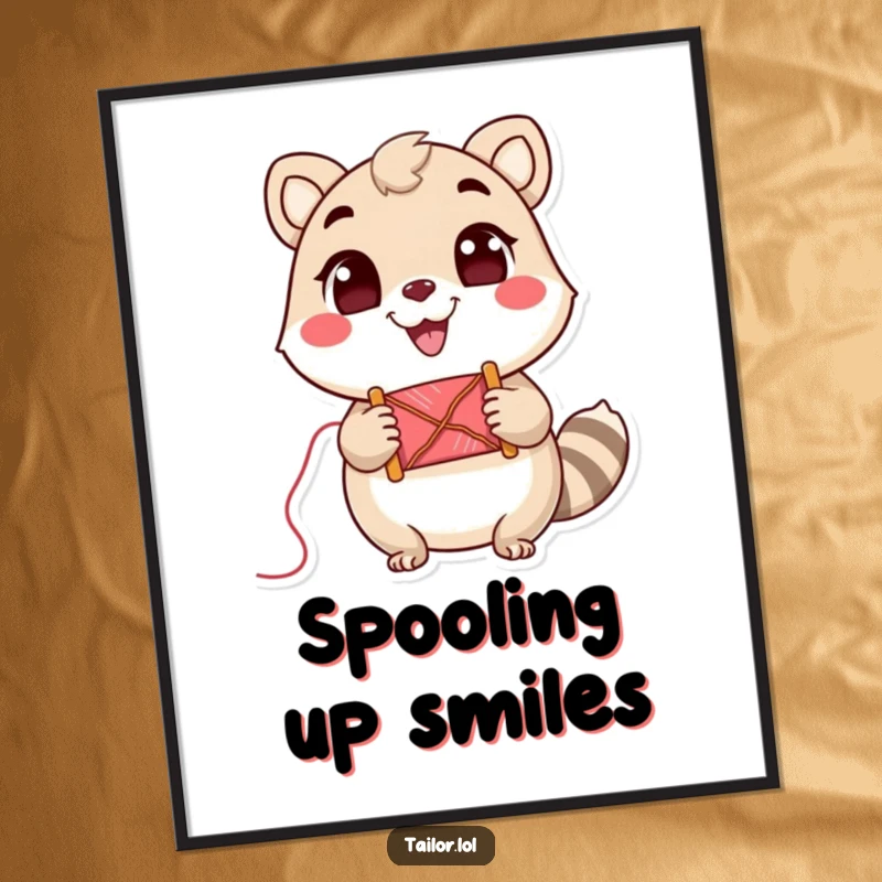 Funny Digital Art Print: A cute animal character holding a spool of thread with a big, cheerful grin, a humorous scene.