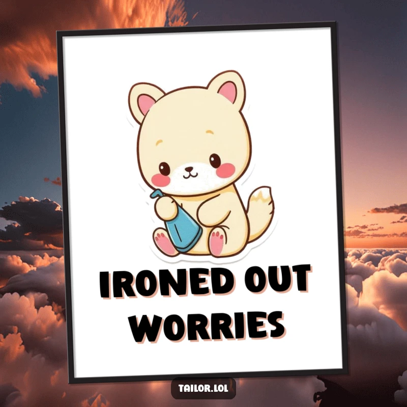 Funny Digital Art Print: A cute animal character carefully ironing a minuscule piece of fabric with a tiny iron, a humorous scene.