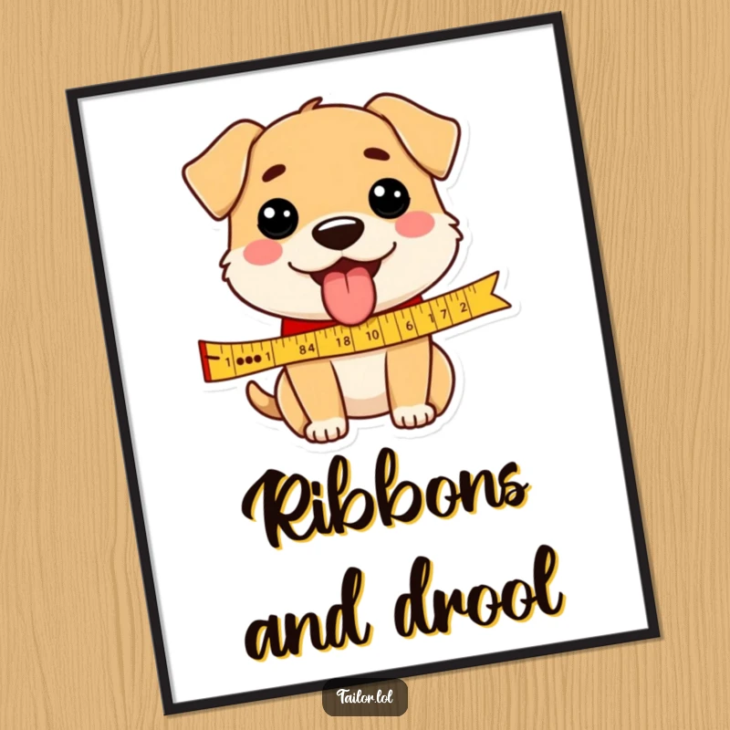 Funny dog digital art print of a happy dog tongue out, measuring a ribbon, conveying pure, silly joy.