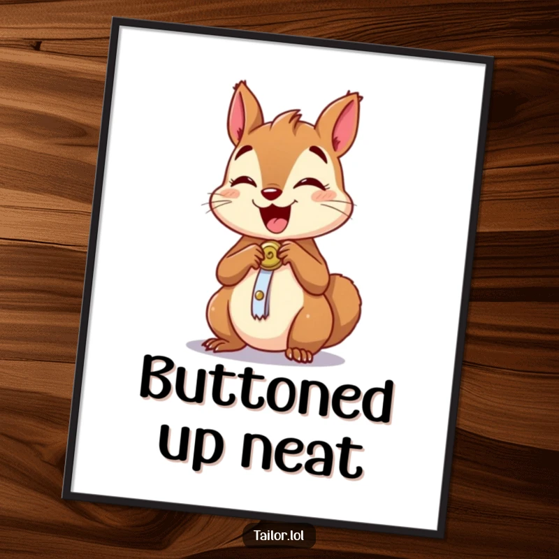 Funny digital art print of an excited squirrel character sewing a button onto a tiny garment, humorous art.