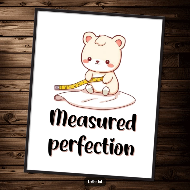 Funny fabric measuring animal digital art print showing a cute character measuring a long bolt of fabric, precise and amusing.