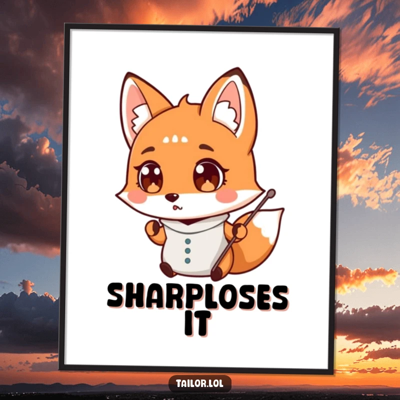 Funny surprised fox tailor dropping a needle, wide-eyed, printable digital art, sewing humor, perfect funny gift.