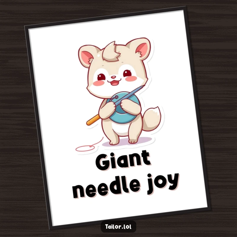Funny animal digital art print, a playful creature using a giant needle to sew a button, showcasing a charming mending scene.