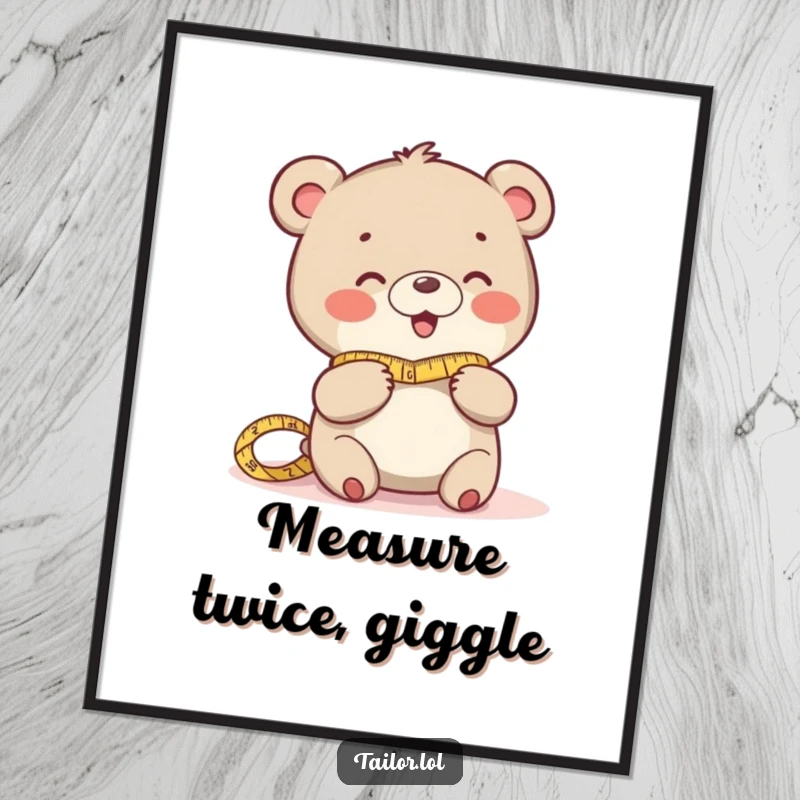Funny digital art print featuring a giggling bear character measuring fabric, ideal for humorous wall art.