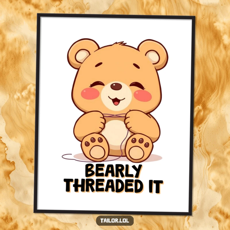 Funny giggling bear character with large paws attempting to thread a tiny needle, digital art print for humorous wall decor.