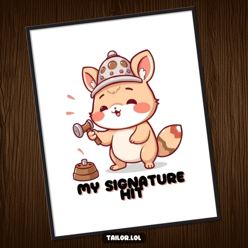 Funny digital art print of an animal wearing a thimble as a hat, enthusiastically hammering, perfect for DIY space decor.