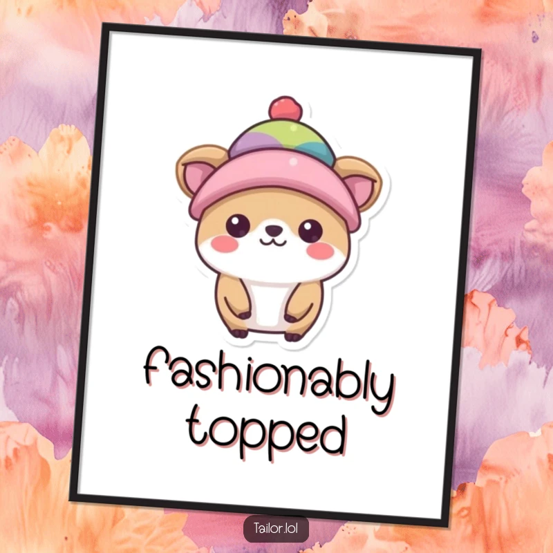 Funny hat model digital art print, a happy animal character proudly wearing a tiny, colorful hat, stylish art.